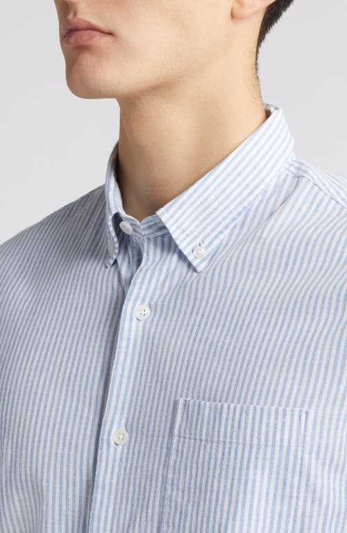Nordstrom Trim Fit Stripe Stretch Cotton & Linen Button-down Shirt In White- Blue Bengal Stripe