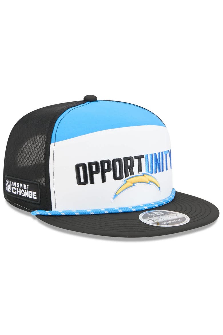 Men's New Era White/Black Los Angeles Chargers 2025 Inspire Change Split Panel 9FIFTY Snapback Hat, Main, color, White