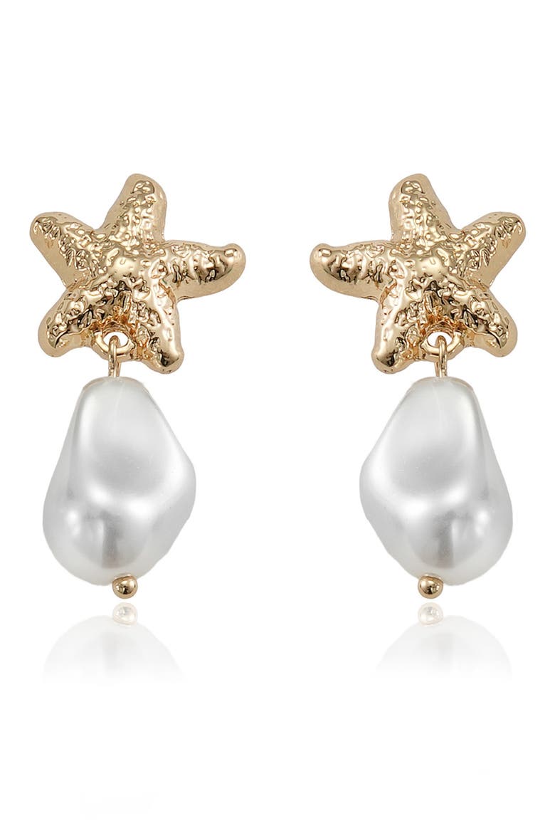 Starfish Faux Pearl Drop Earrings, Alternate, color, GOLD