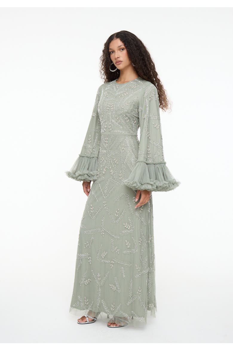 Modest Embellished Sequin Beaded Dress Maxi With Designer Sleeve, Alternate, color, SAGE GREEN