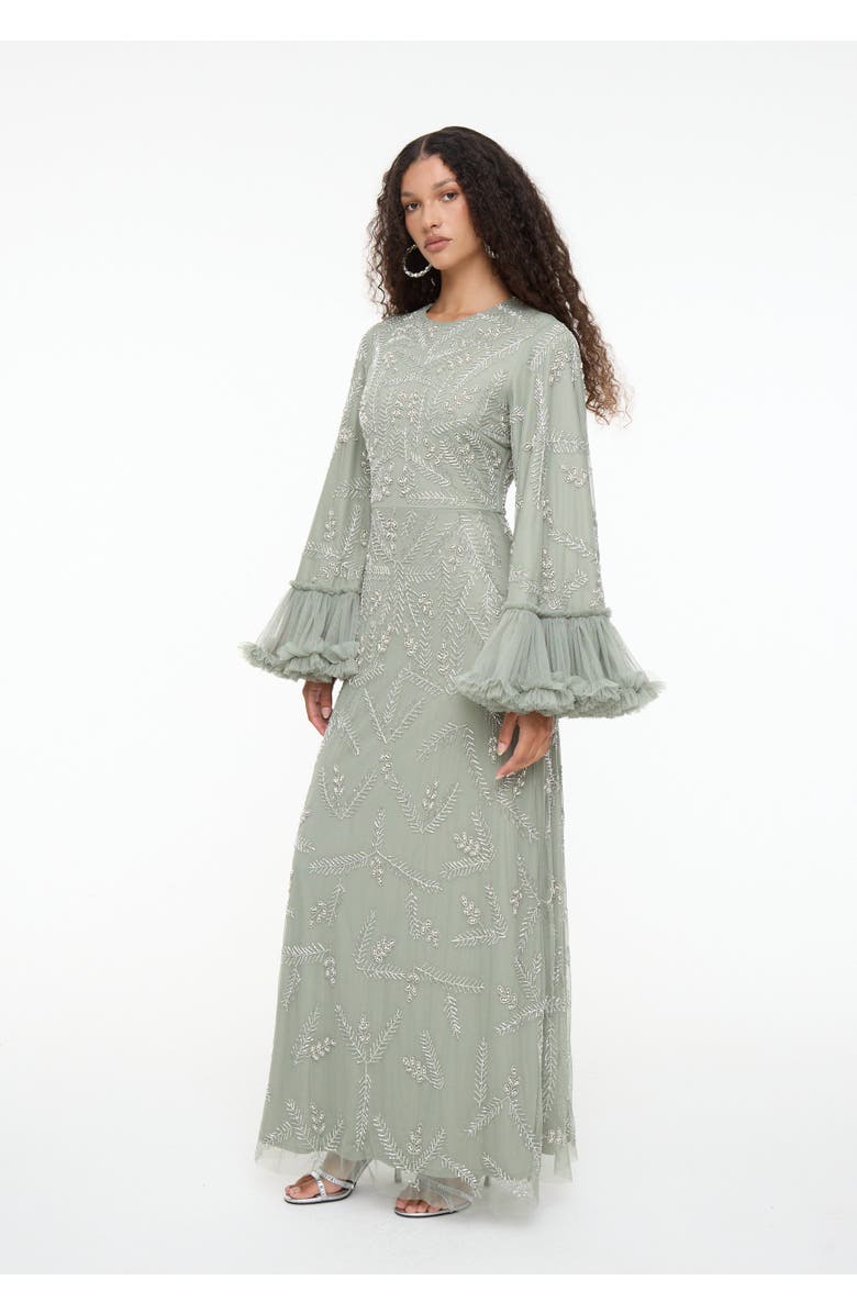MARYISA Modest Embellished Sequin Beaded Dress Maxi With Designer Sleeve, Alternate, color, Sage Green