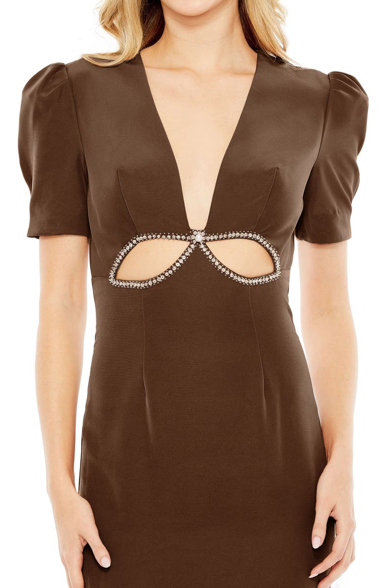 Mac Duggal Plunge Neck Puff Sleeve Cut Out Gown, Alternate, color, Espresso