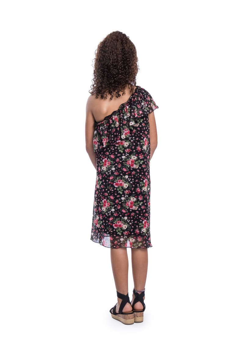 Black Floral One Shoulder Ruffle Knee Length Dress, Alternate, color, Black Multi