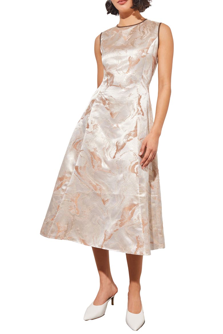 Shimmer Sleeveless Satin A-Line Midi Dress, Main, color, WHITE/ LIMESTON