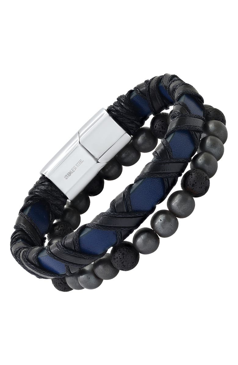 HMY JEWELRY Stainless Steel Wrapped Leather & Lava Rock Beaded Bracelet Set, Alternate, color, Silver/Black/Blue