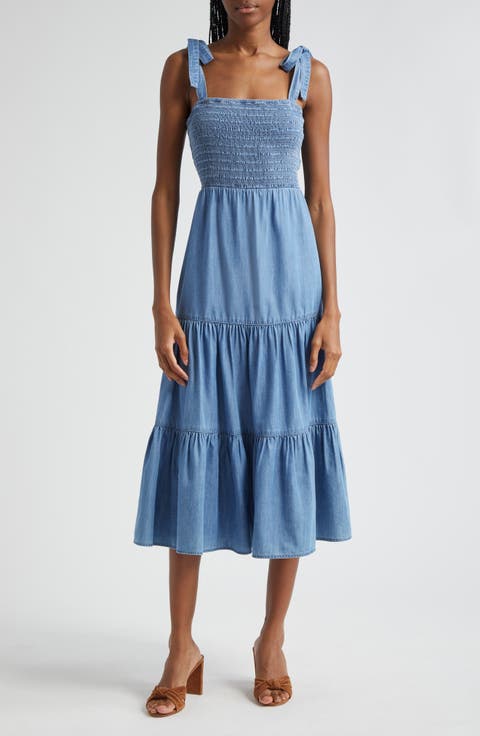 Tola Tiered Cotton Blend Chambray Midi Sundress