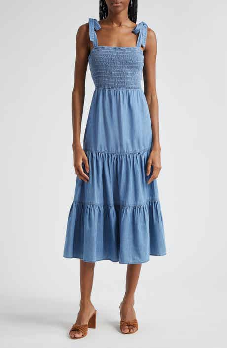 Veronica Beard Tola Tiered Cotton Blend Chambray Midi Sundress