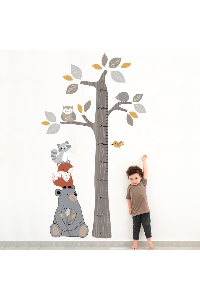Woodland Forest Tree with Animals Kids Growth Chart Wall Decals, Alternate, color, Brown