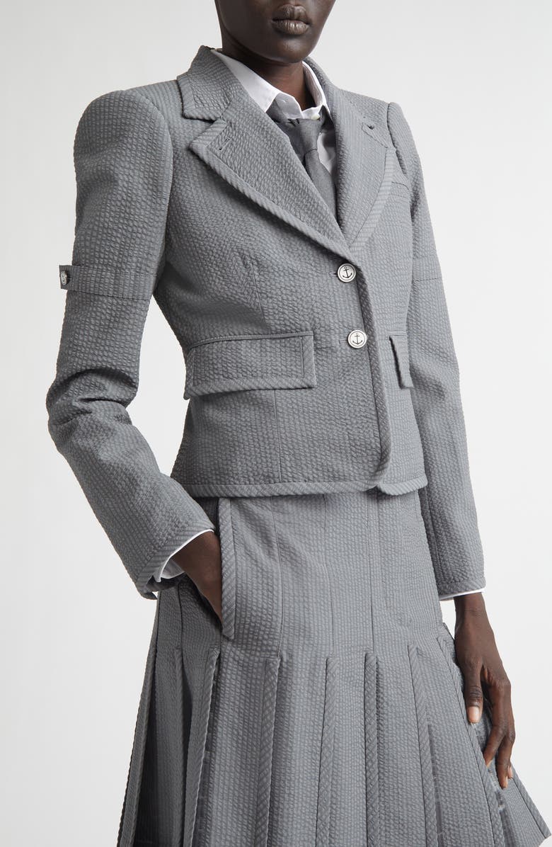 Thom Browne Crop Sculpted Shoulder Wool Seersucker Jacket, Alternate, color, Light Grey