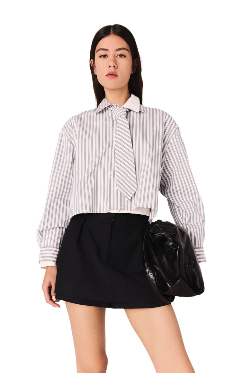 maje Rhinestone shirt with removable tie, Alternate, color, Ecru Stripes