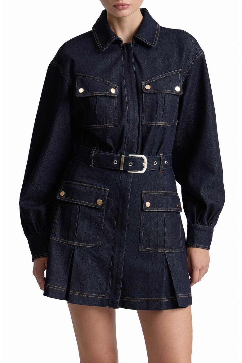 Belted Long Sleeve Stretch Denim MInidress, Alternate, color, DARK RINSE
