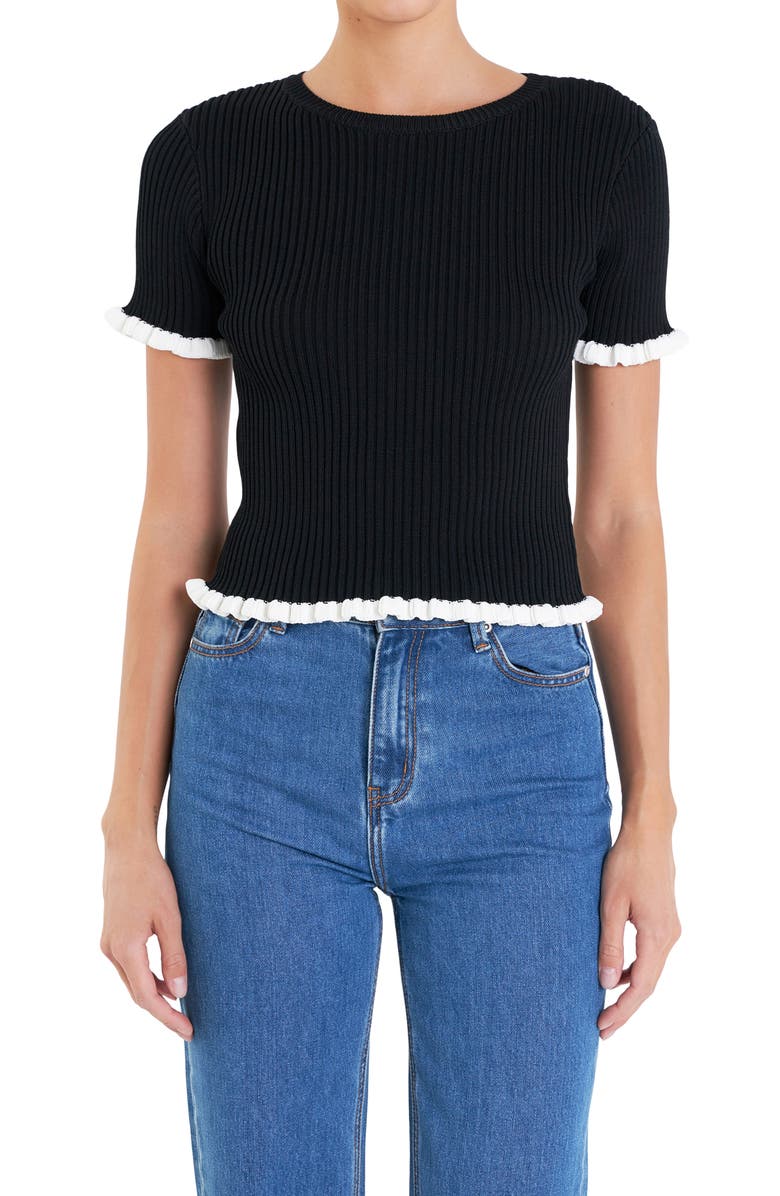 English Factory Ruffle Trim Short Sleeve Rib Sweater, Alternate, color, Black/ White