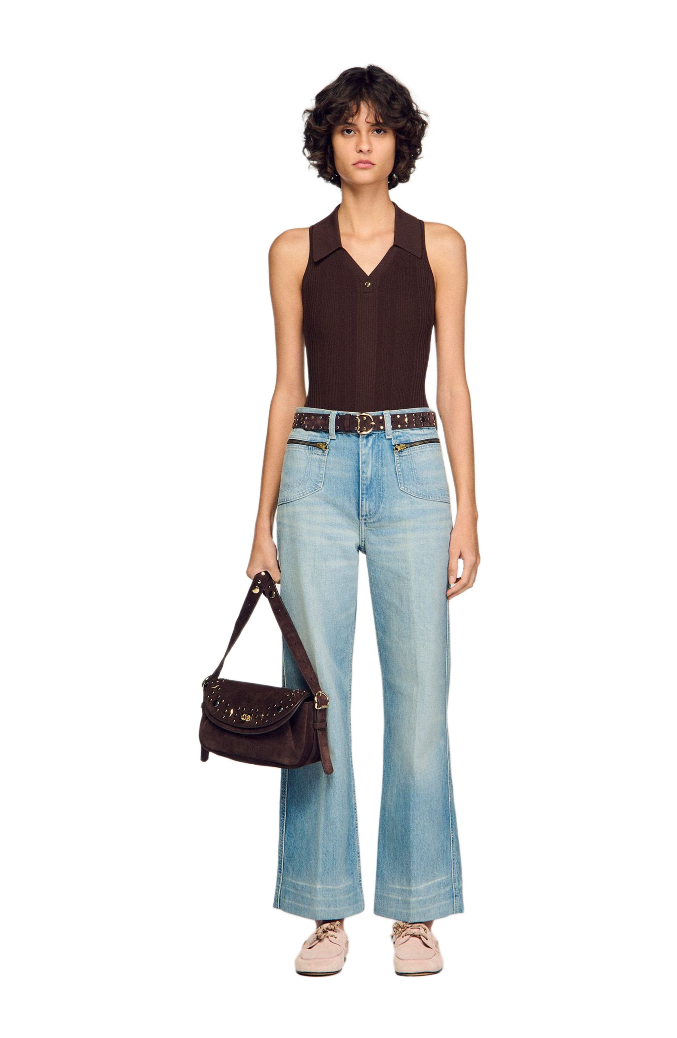 SANDRO LE MAMBO JANYS studded suede bag, Alternate, color, Black Brown