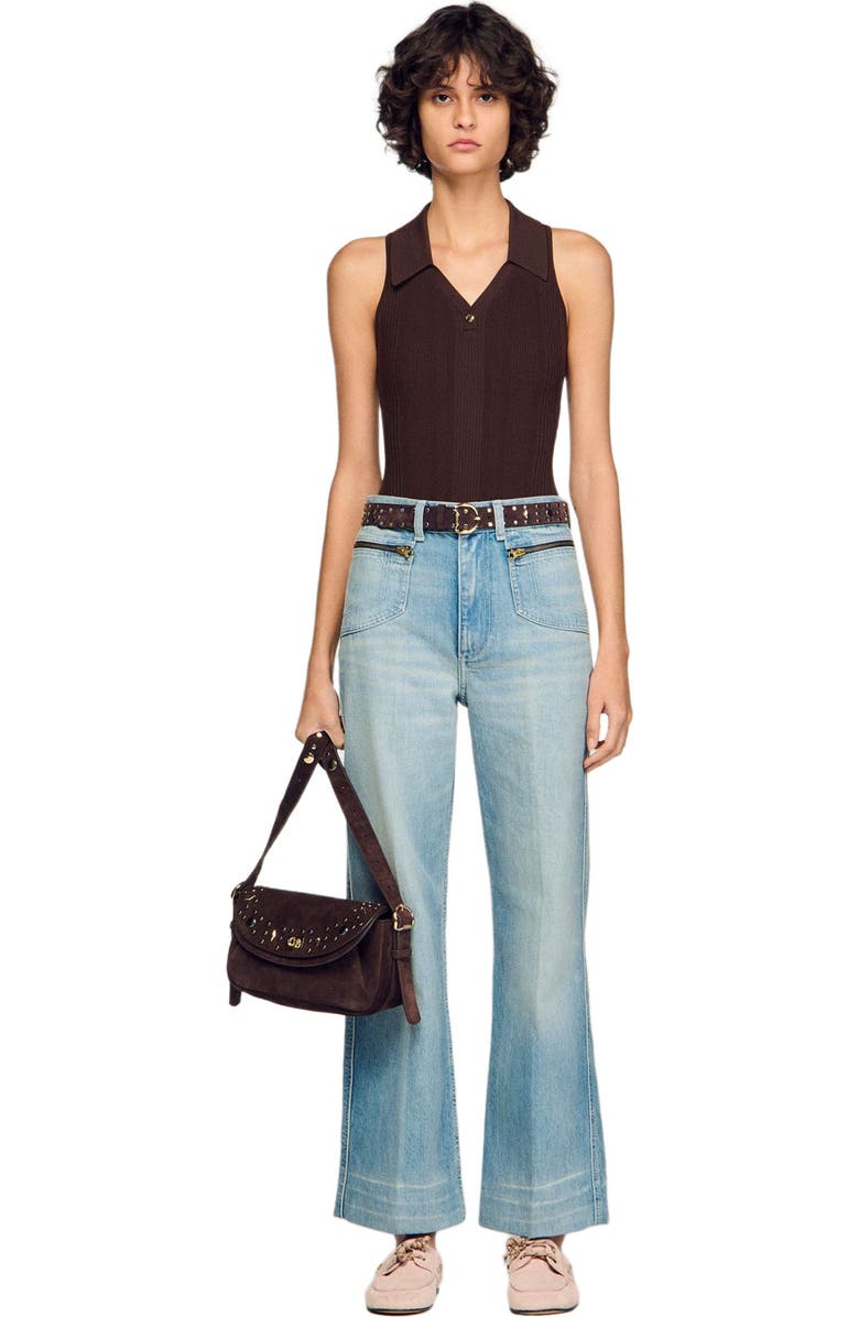 SANDRO LE MAMBO JANYS studded suede bag, Alternate, color, Black Brown