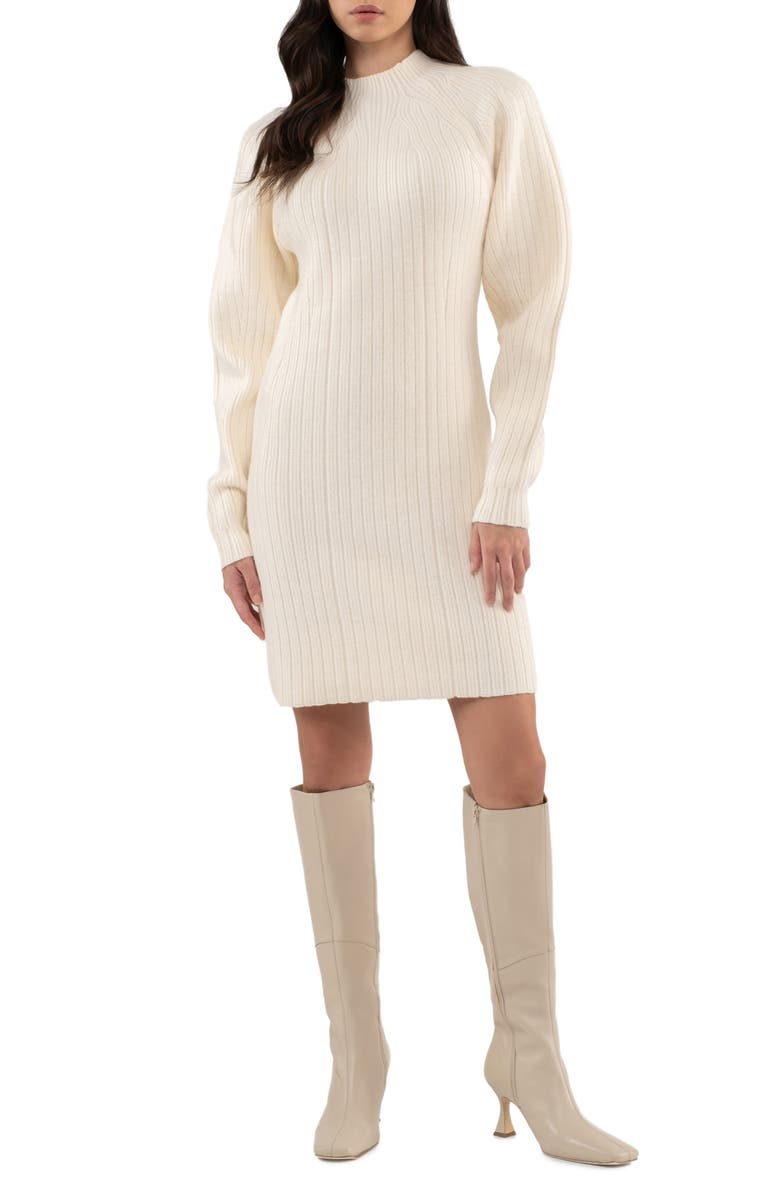 AUGUST SKY Ribbed Long Sleeve Sweater Minidress, Main, color, Cream