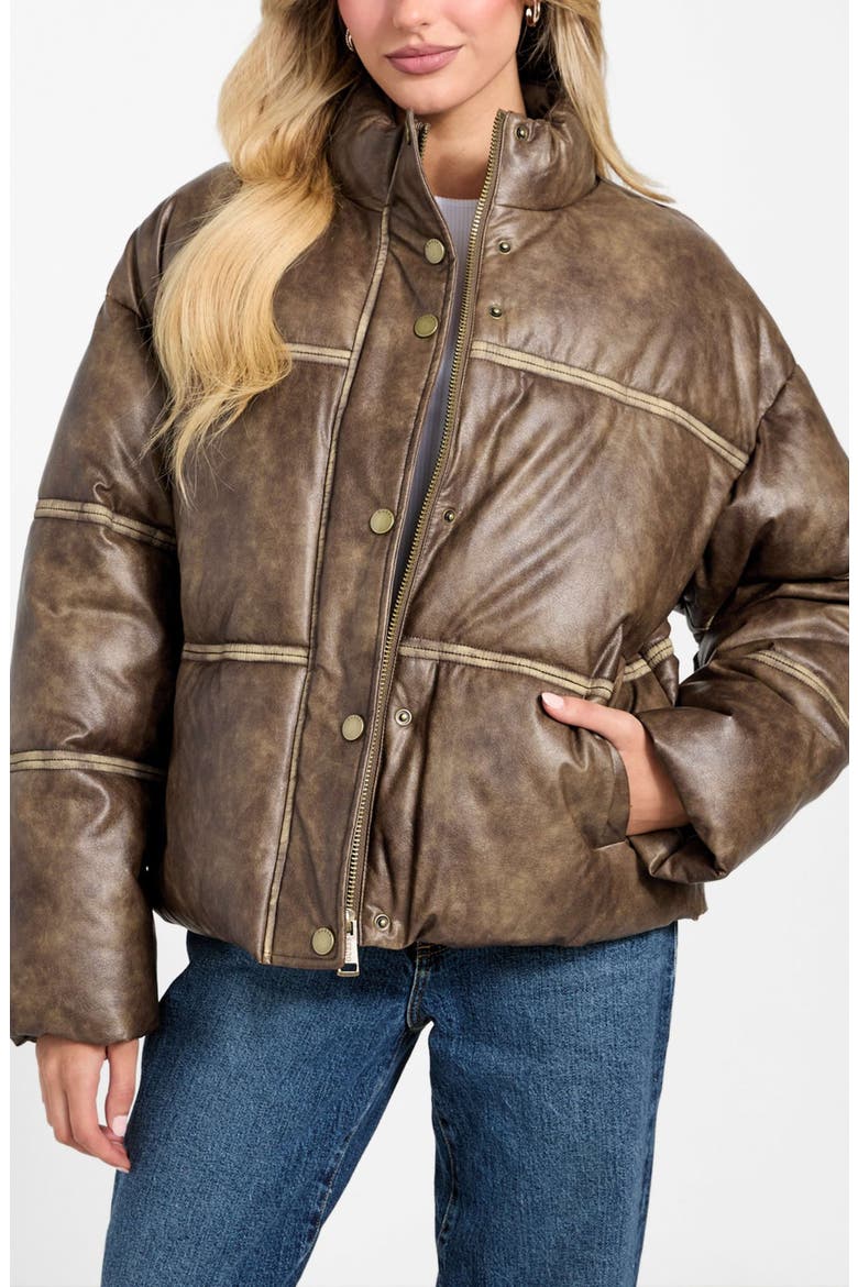 Puffa Washed Faux Leather Jacket, Alternate, color, BROWN