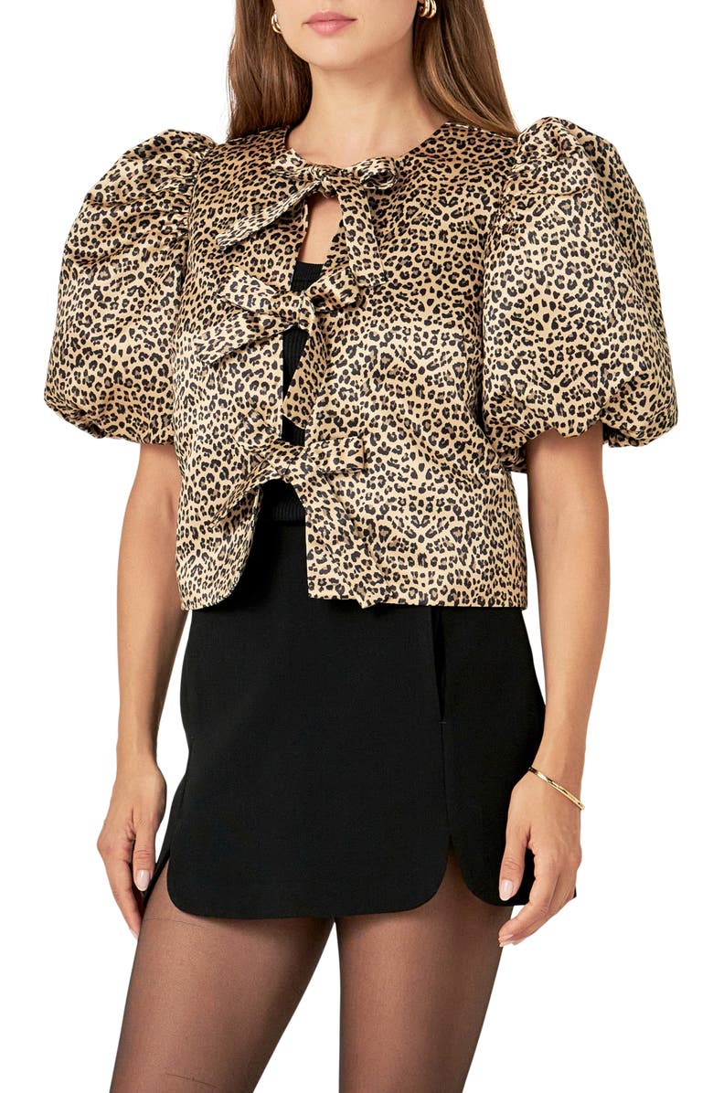 English Factory Leopard Print Tie Front Puff Sleeve Top, Alternate, color, 