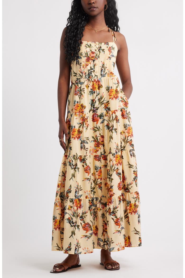 Tie Shoulder Tiered Maxi Dress, Main, color, BEIGE GELATO FERRAH BLOOMS
