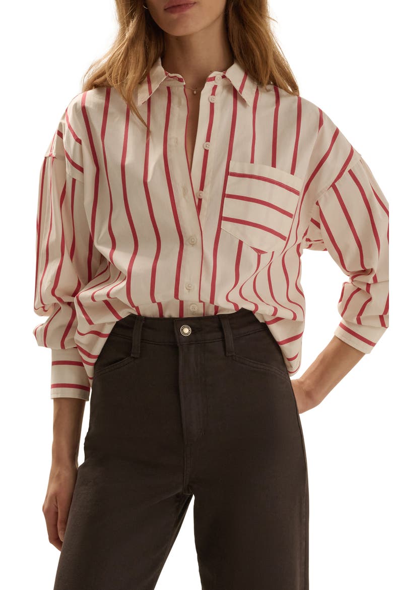 The Beau Stripe Cotton Poplin Button-Up Shirt, Alternate, color, WHITE/ CRIMSON STRIPE