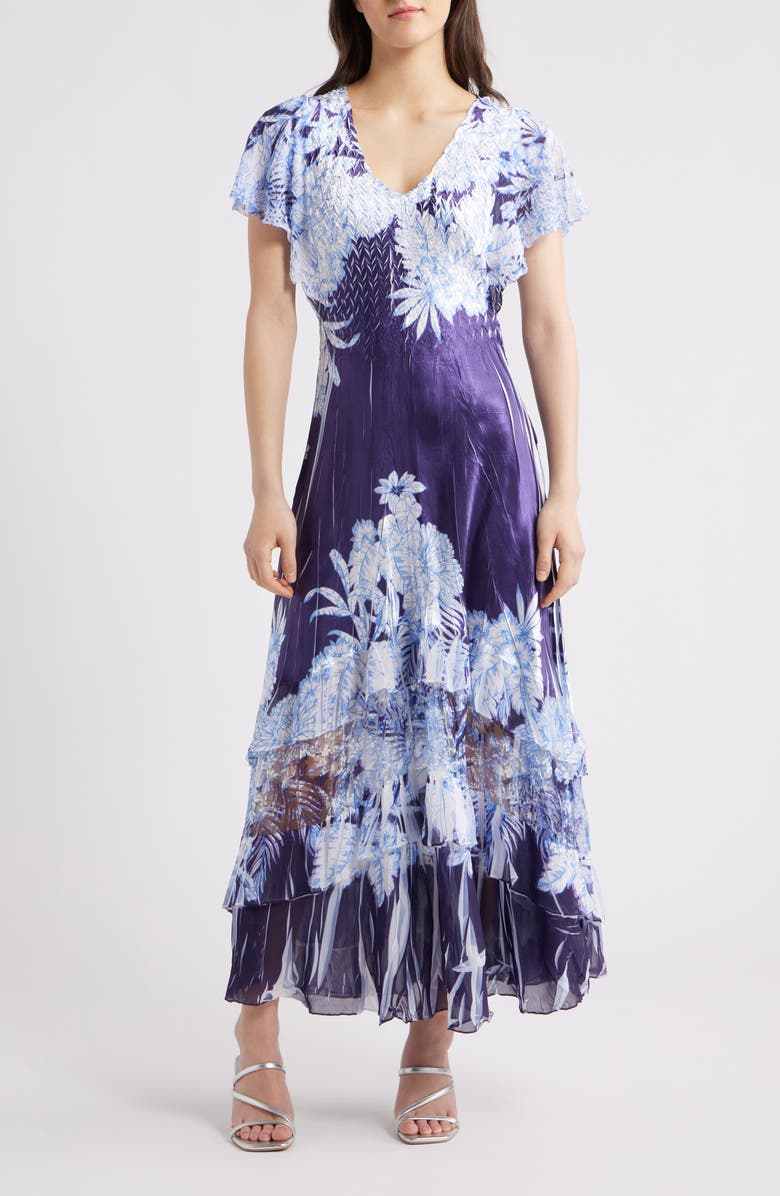 Komarov Flutter Sleeve Charmeuse & Chiffon Maxi Cocktail Dress, Main, color, Indigo Tropics