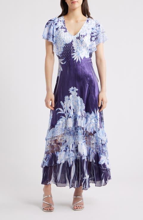 Flutter Sleeve Charmeuse & Chiffon Maxi Cocktail Dress