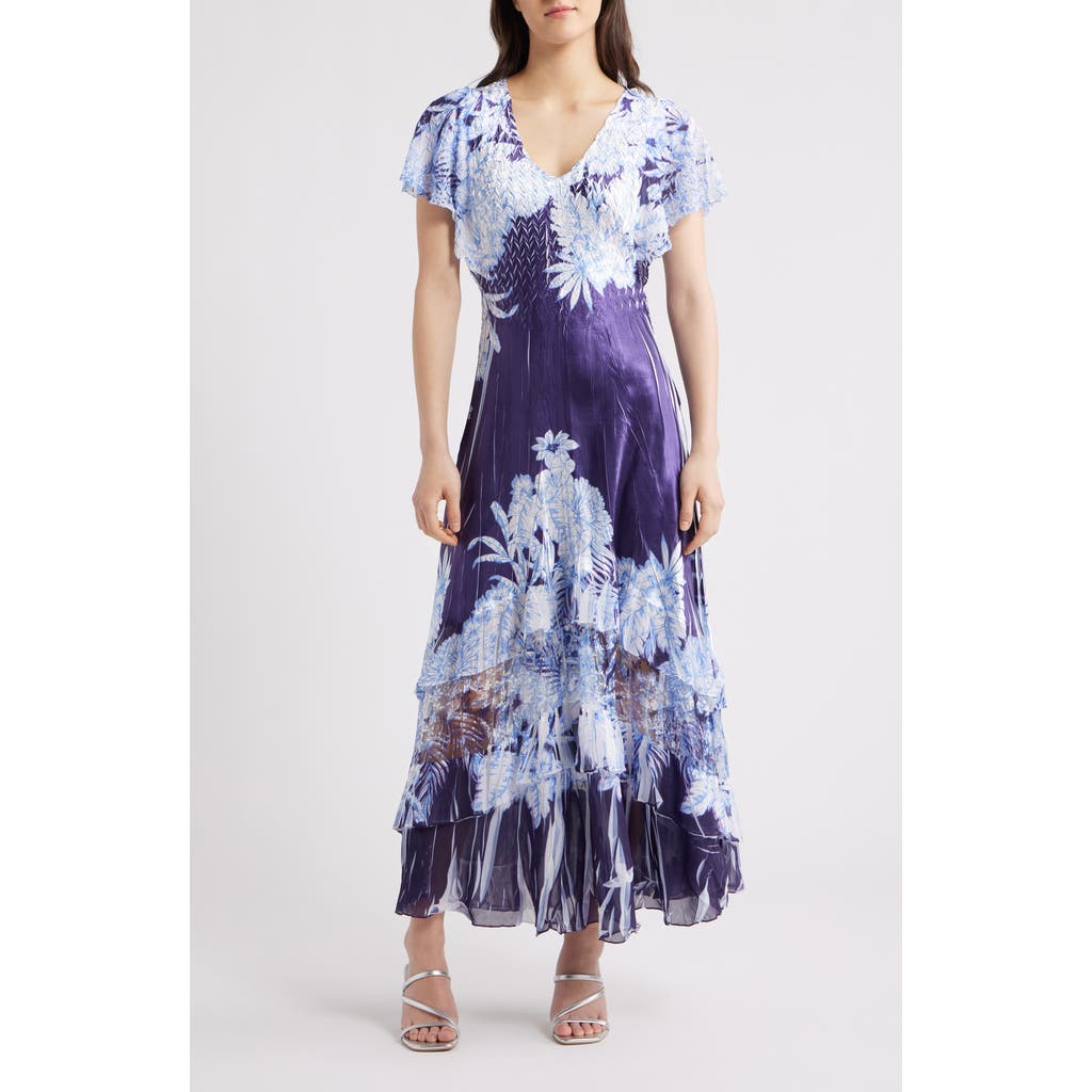 Komarov Flutter Sleeve Charmeuse & Chiffon Maxi Cocktail Dress