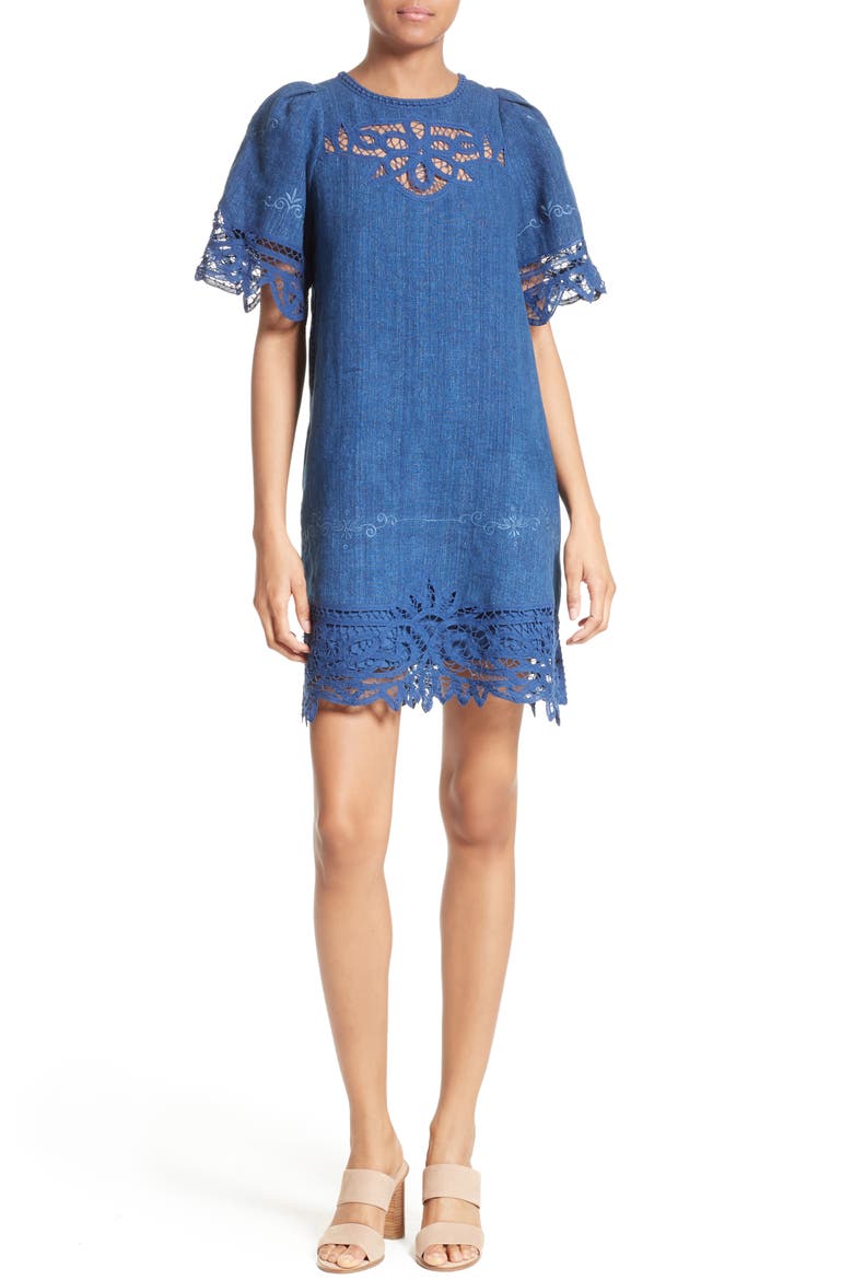 Sea Battenburg Lace Linen Shift Dress, Main, color, INDIGO