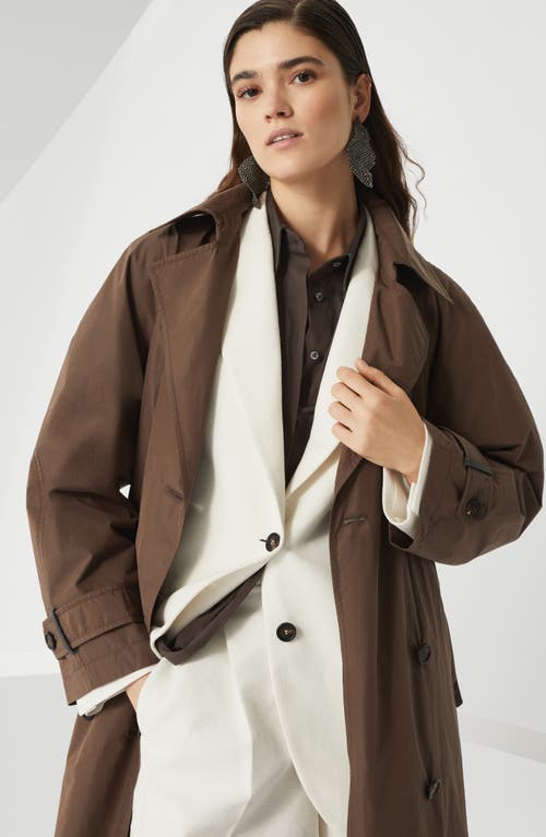 Brunello Cucinelli Brown Water-resistant Taffeta Shiny Details Trench Coat In Cocoa