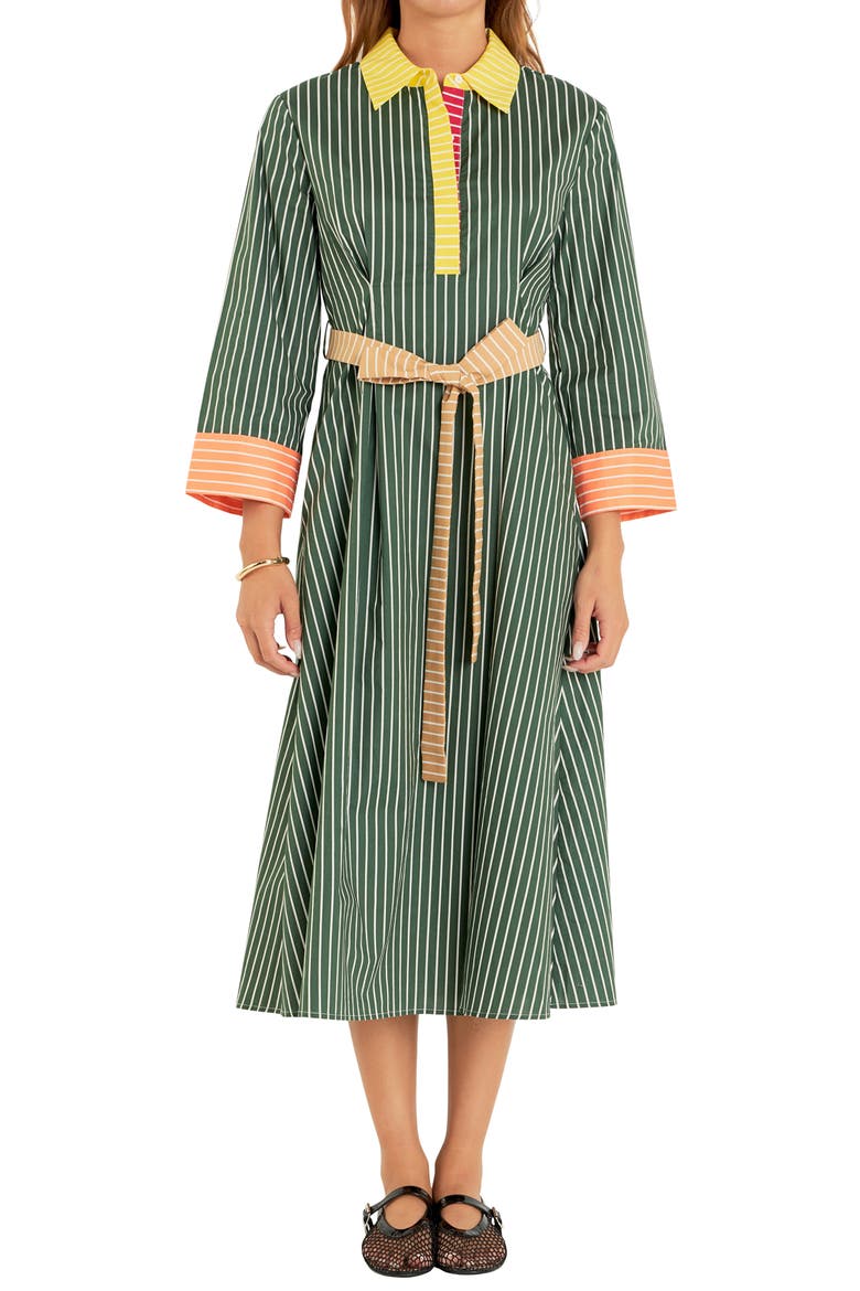 Colorblock Detail Stripe Cotton Shirtdress, Alternate, color, GREEN MULTI