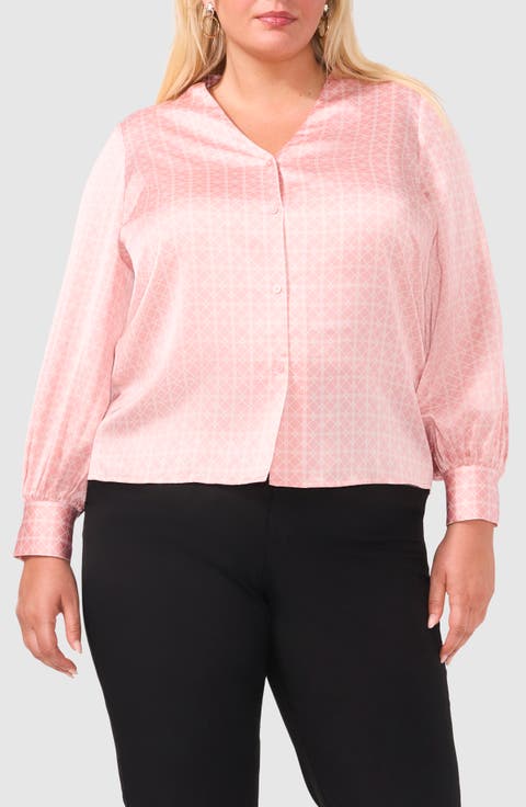 Collarless Satin Button-Up Shirt (Plus)