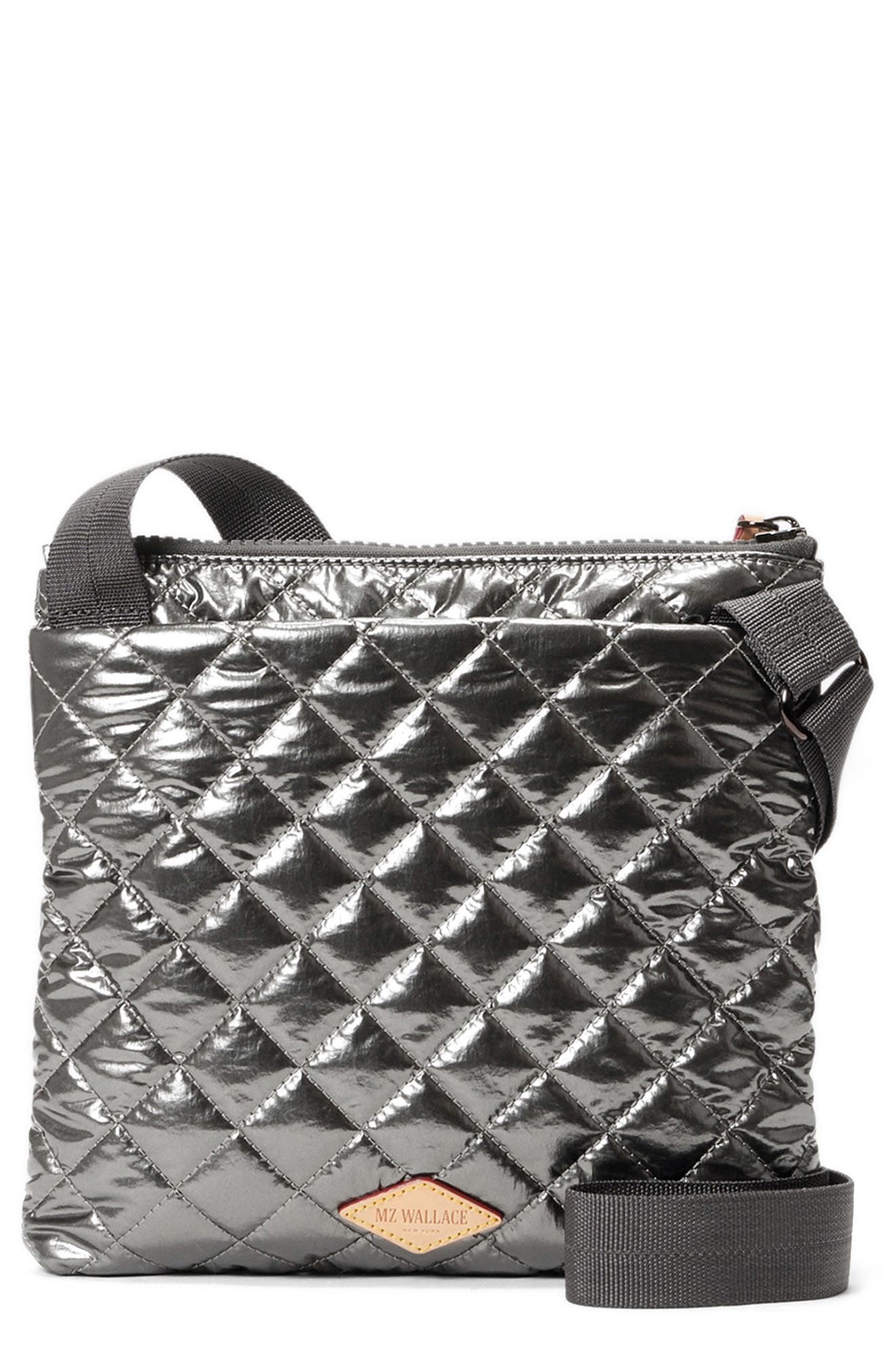 MZ Wallace Metro Quilted Nylon Crossbody Bag in Pewter Metallic 