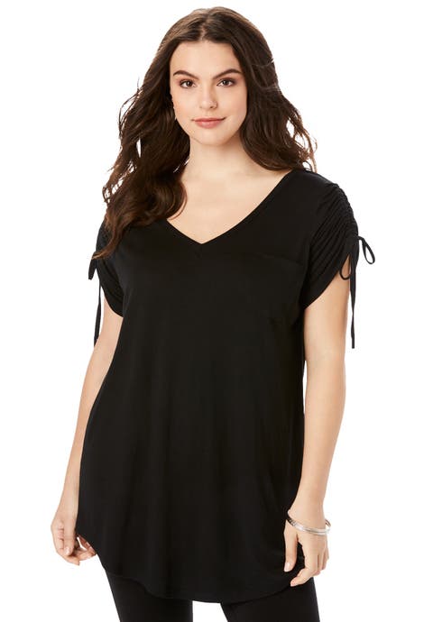Plus Size Ruched Sleeve Ultra Drape Tunic (Plus)