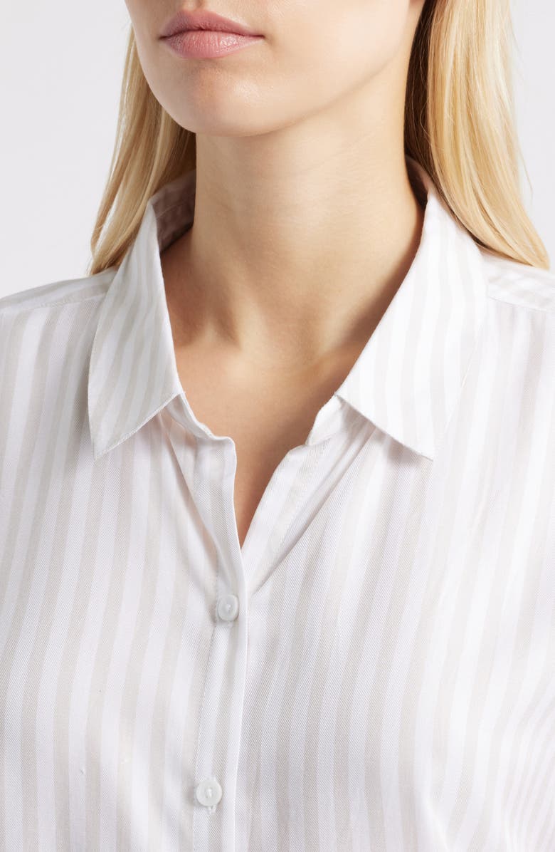 beachlunchlounge Kenzie Stripe Short Sleeve Button-Up Shirt, Alternate, color, Dry Almond