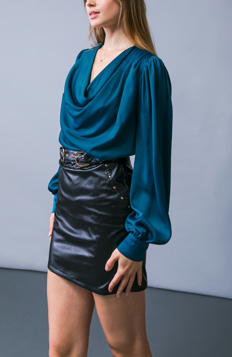 FLYING TOMATO Cowl Neck Long Sleeve Satin Top, Alternate, color, Teal