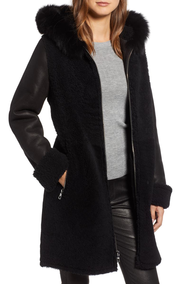 Blue Duck Genuine Shearling Jacket with Genuine Fox Fur Trim, Main, color, 