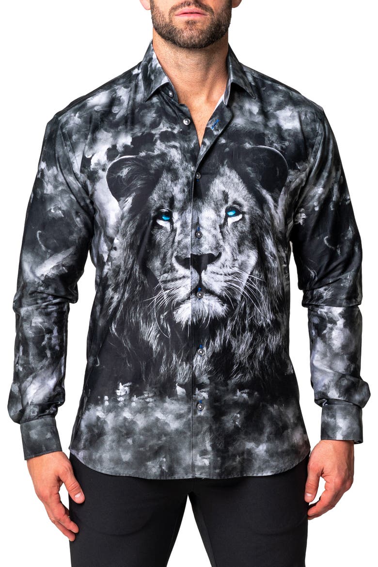 Fibonacci Lionthoughts Cotton Button-Up Shirt, Main, color, BLACK