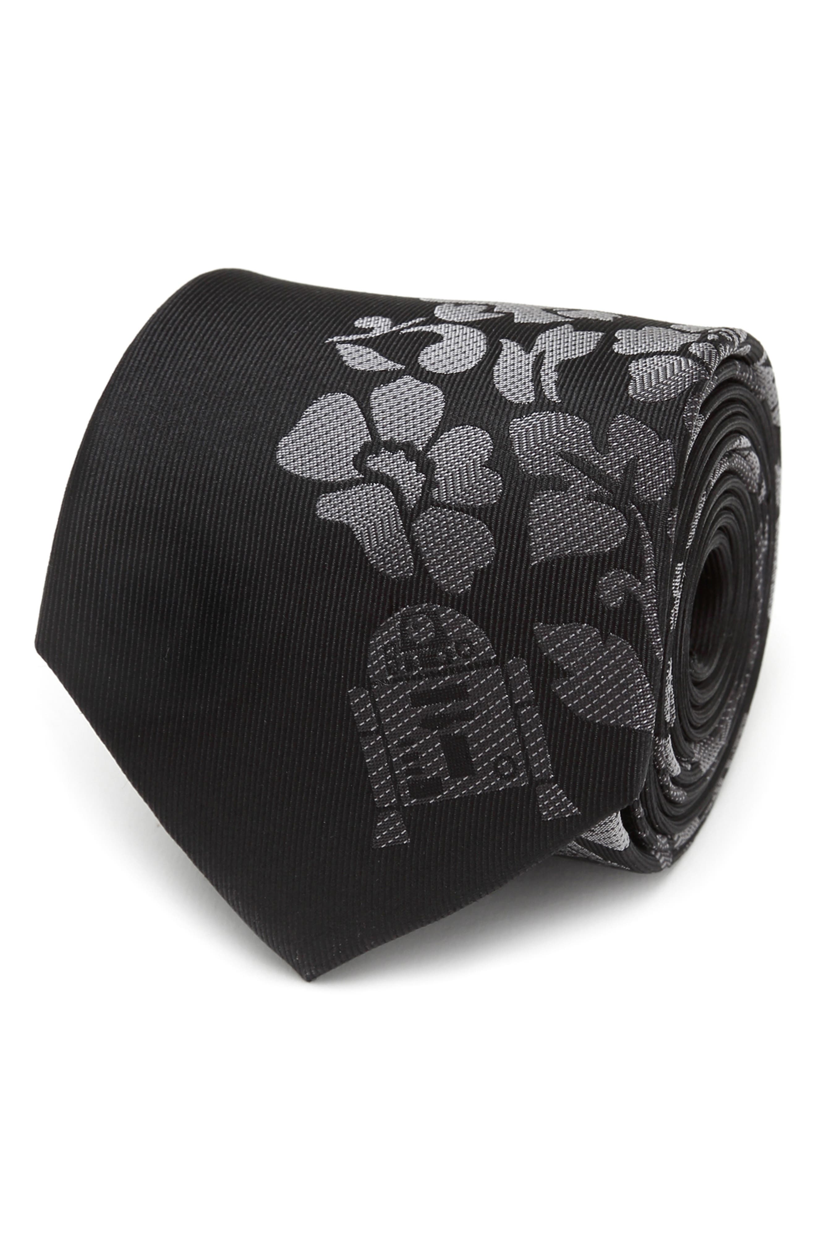 Star Wars R2D2 Floral Black Men's Silk Tie - Officially Licensed, 59 Inches, Dry Clean Only
