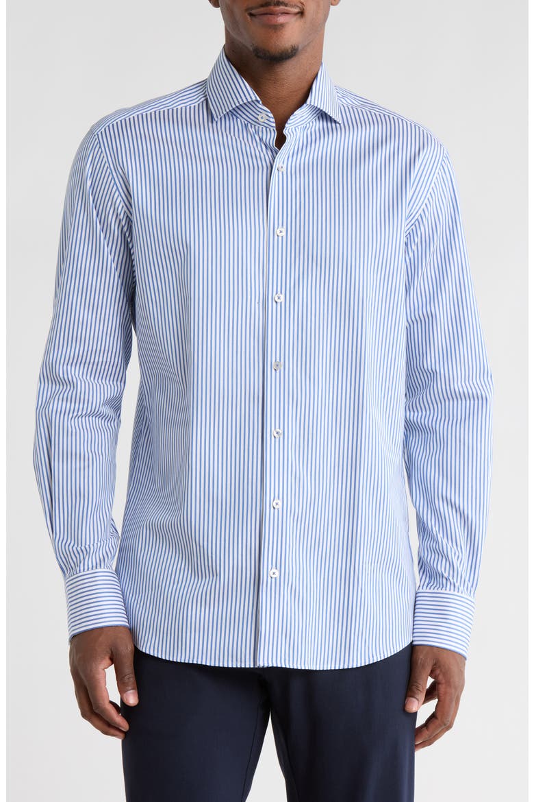 Modern Fit Pique Stripe Button Front Shirt, Main, color, BLUE