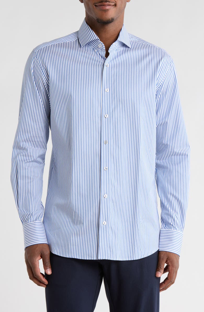 Eterna Modern Fit Pique Stripe Button Front Shirt, Main, color, Blue