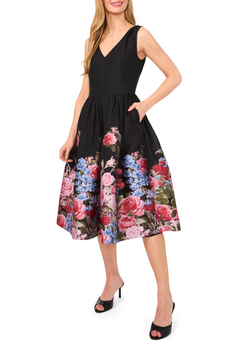 Placed Floral Sleeveless Jacquard Midi Dress, Main, color, RICH BLACK