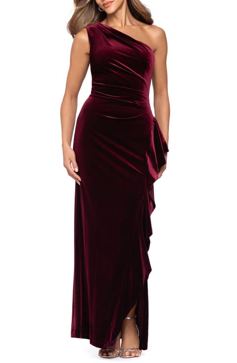 One-Shoulder Ruffle Stretch Velvet Gown