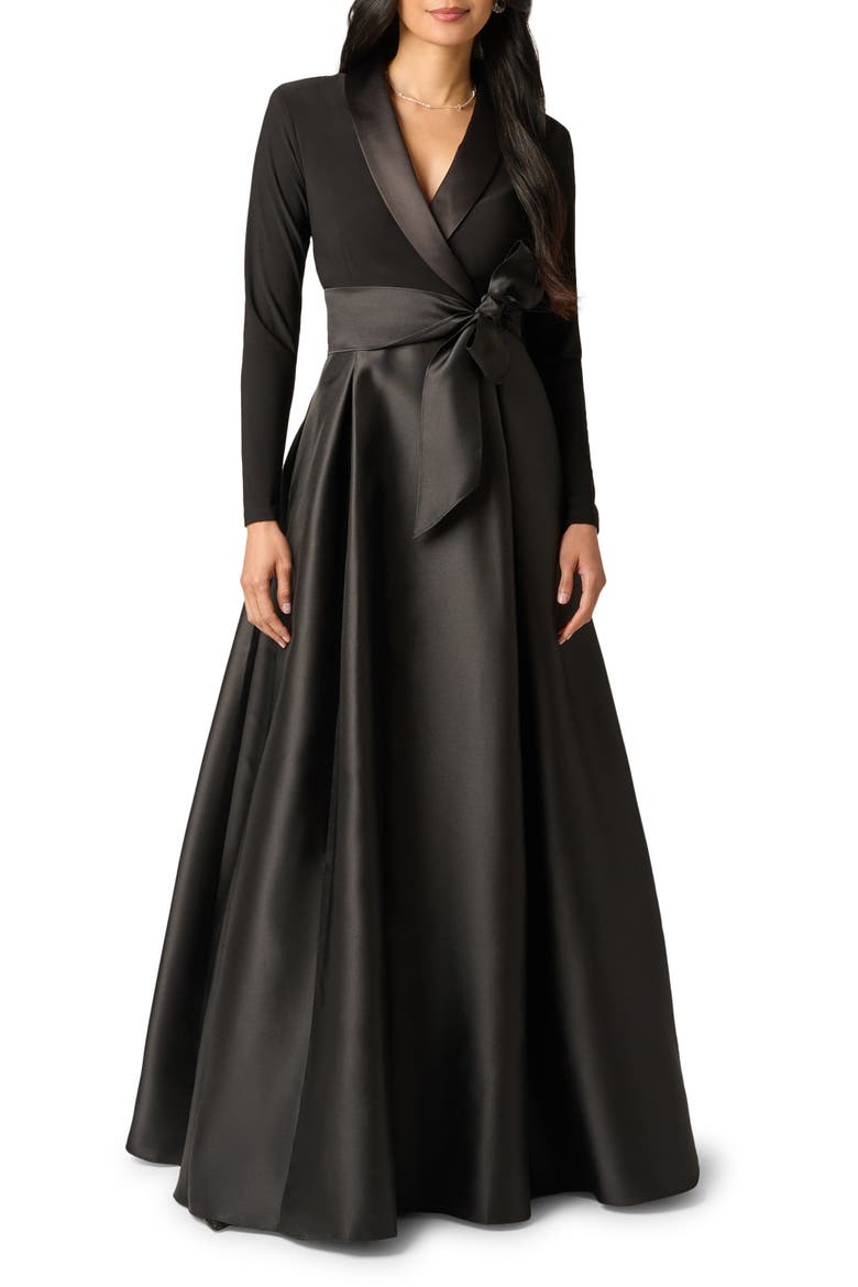 Mixed Media Long Sleeve Tuxedo Gown, Main, color, BLACK