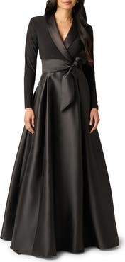 Adrianna Papell Mixed Media Long Sleeve Tuxedo Gown