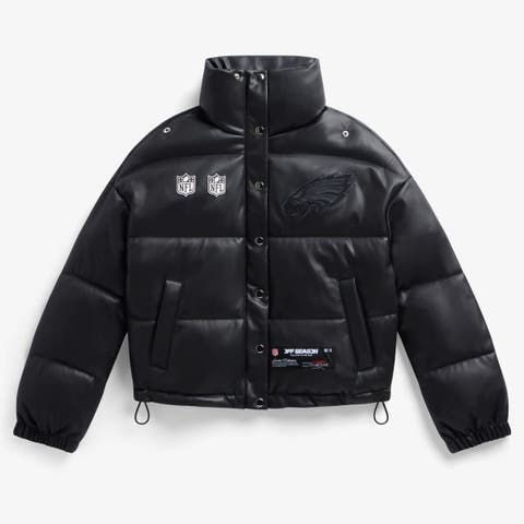 Women's  Black Philadelphia Eagles Faux Leather Puffer Jacket