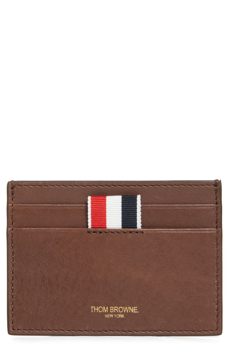 Thom Browne Soft Calfskin Leather Card Holder, Main, color, Dark Brown