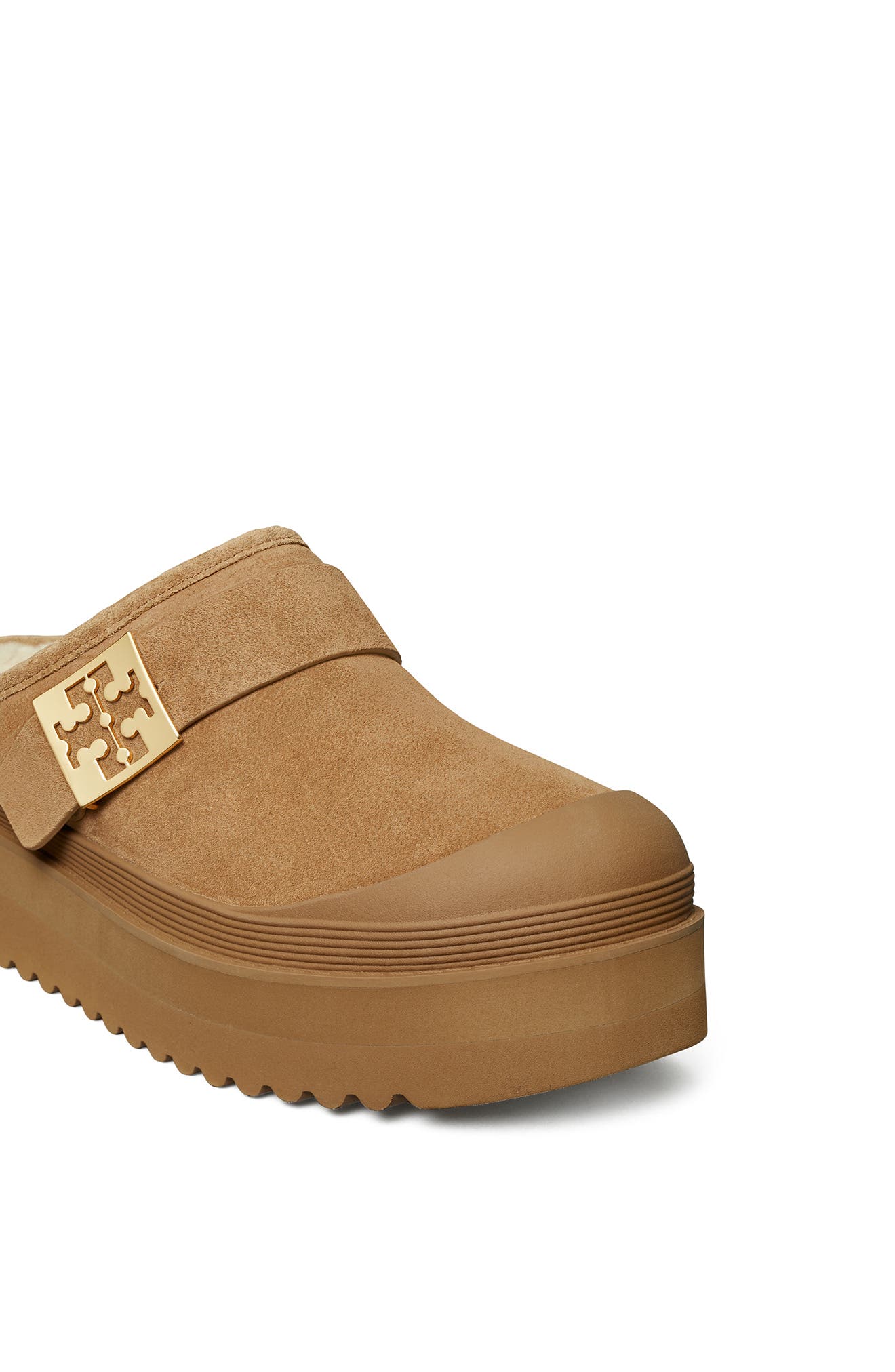 Tory Burch Genuine Shearling Platform Mule, Alternate, color, Light Chestnut / Gold