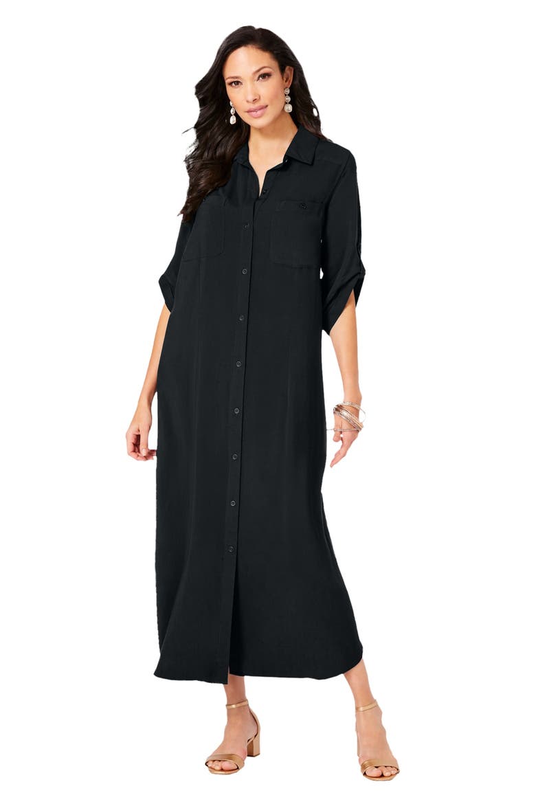 Collared Button Front Dress, Main, color, BLACK