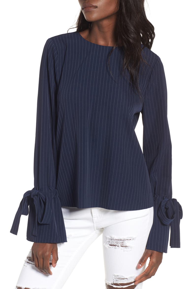 Pinstripe Tie Sleeve Top, Main, color, NAVY