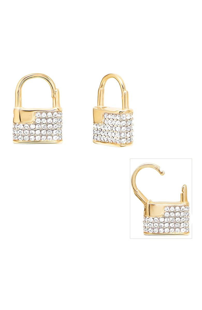 GABI RIELLE 14K Gold Plated Pave Mini Lock Huggie Earrings, Main, color,