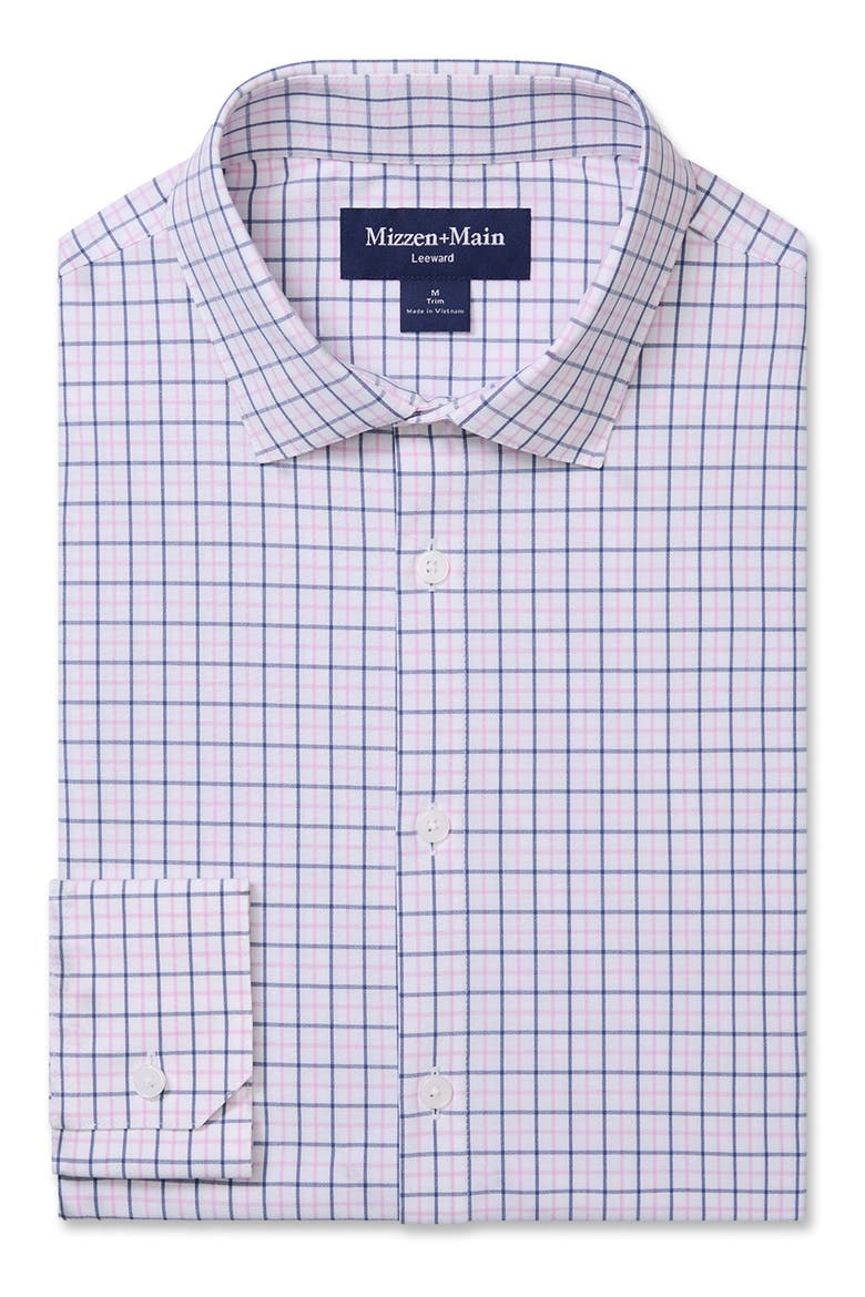 Leeward Trim Fit Plaid Performance Button-Up Shirt, Alternate, color, PINK SALT WYATT PLAID